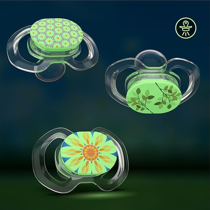 Smilo Baby Pacifier - 3 Pack of Slimline Pacifiers for Babies - Stage 3 for Babies 9+ Months - 100% Silicone Pacifier and BPA Free - Glow in The Dark - Spring Sunflower Edition
