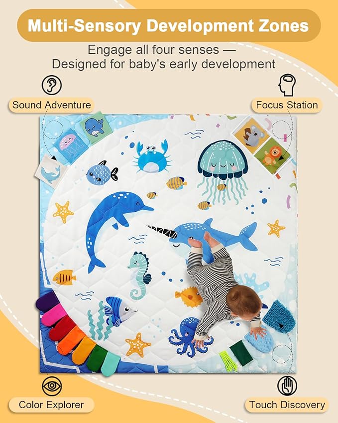 TINYHARBO Premium Foam Baby Play Mat 50x50, 4 Developmental Zones Play Mat with Removable & Machine Washable Cover, Extra Thick Padding Playpen Mat, Easy to Clean for Infants, Toddlers & Babies