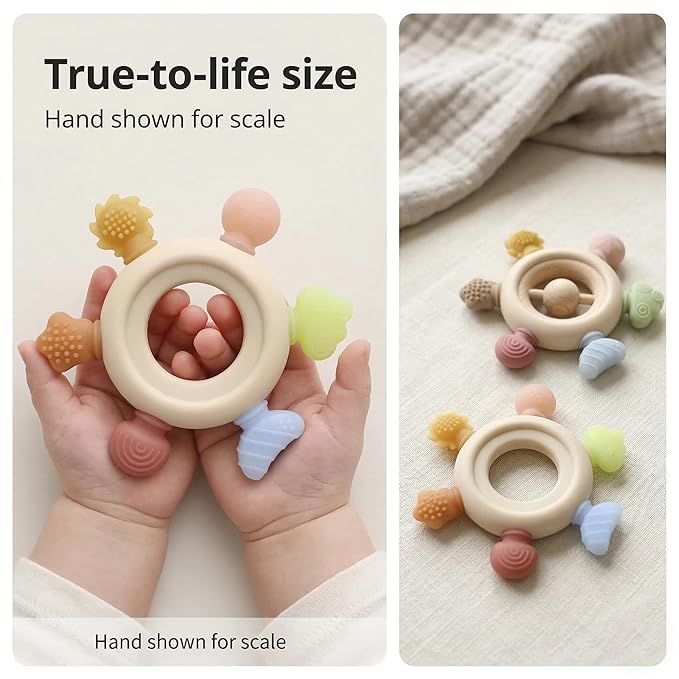 Baby Teething Toys 2 Pack, Dinosaur Mitten Teether and Ring Sun Teether with 6 Chewing Points, Silicone Chew Toys for Infants 0-6 6-12 Months, BPA Free Soothing Gum Relief Set (Colour)