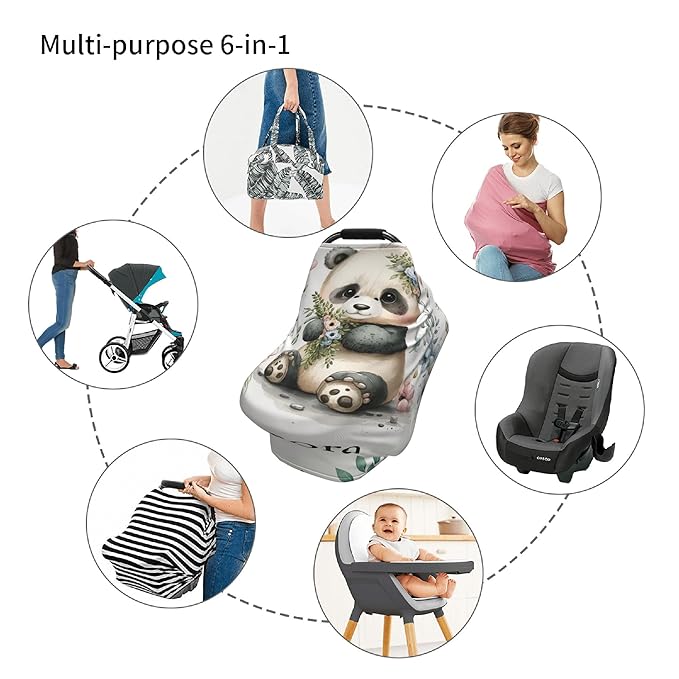Personalized Panda Baby Car Seat Cover with Name,Multi-Use Canopy for Nursing, Strollers,Shopping Carts,Customized Breastfeeding Cover, Full Privacy,Infant Stroller Cover