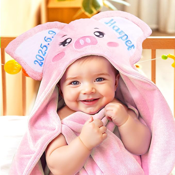 Custom Hooded Bath Towel with Name, Personalized Highly Absorbent Bunny Towels, Baby Bath Towels for Girls Boys, Brithday for Baby, Toddler, Newborn (Piglet-Pink)