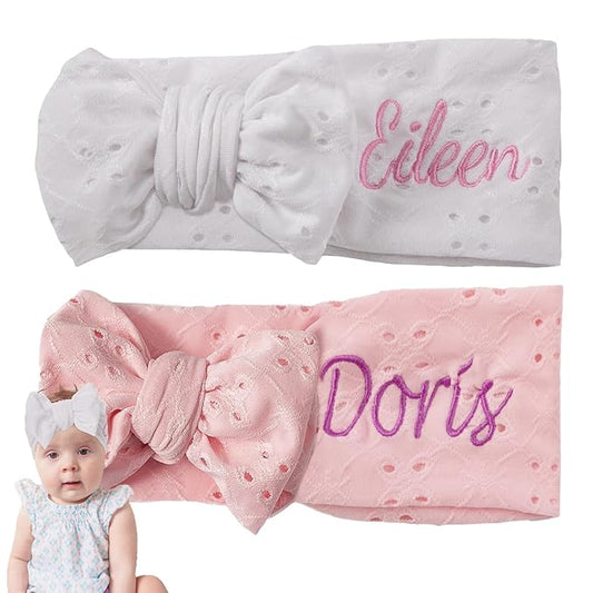 Ulico 2 Pack Personalized Girls Headband with Name,Custom Baby Girls Headband,Girls Embroidered Headbands,Newborn Headbands with Bow