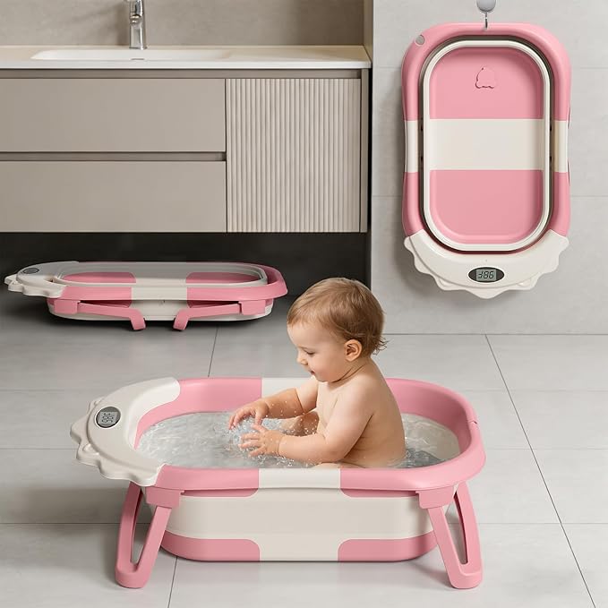 TPN 4-in-1 Grow-with-Me Collapsible Baby Bathtub, Baby Tub for Newborns to Toddler with Soft Floating Cushion & Thermometer, Portable Baby Bath Tub, Infant Bathtub for Bath Support in Tub,Pink