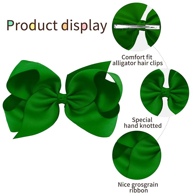 Oaoleer 8PCS Hair Bows for Girls Green Grosgrain Ribbon Boutique Bow Alligator Clips Hair Accessories for Toddlers Little Girls Kids (8inch, 6inch, 4.5inch, 3inch in Pair)