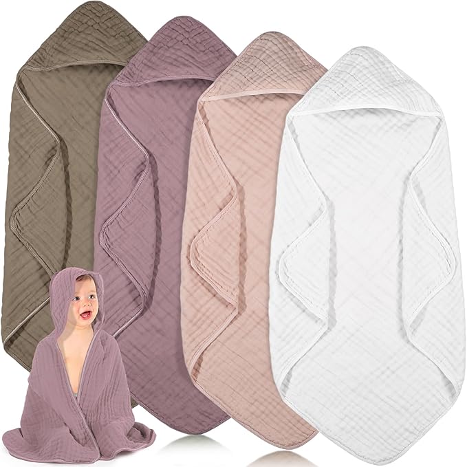 Peryiter 4 Pcs Muslin Hooded Baby Towels 32 x 32 Inch Cotton Newborn Bath Essentials Muslin Infant Blankets Absorbent Registry Gifts for Girl Boy Kids Baby Shower (Coffee)