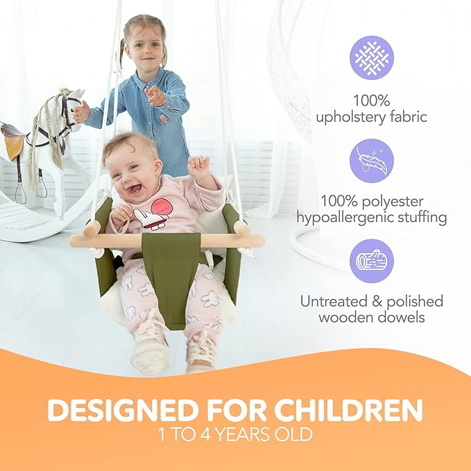 CaTeam - Canvas Baby Swing, Wooden Hanging Swing Seat Chair with Safety Belt, Durable Baby Swing Chair, Outdoor and Indoor Swing for Kids, Mounting Hardware Included, Green
