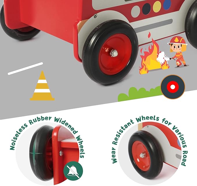 Labebe Wooden Baby Push Walker - Learning Toy for Toddlers 1-3 Year Old Boys and Girls, Fire Truck With Wheels