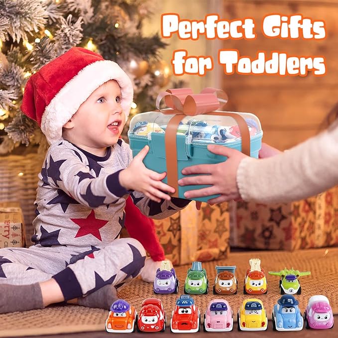 Kiddiworld Mini Car Toys for 1 Year Old Boy Gifts, 12 Sets Pull-Back Trucks with Playmat/Storage Box for Toddlers Age 1-2, Baby Toys 12-18 Months, 1st Christmas Birthday Gifts for One Year Olds