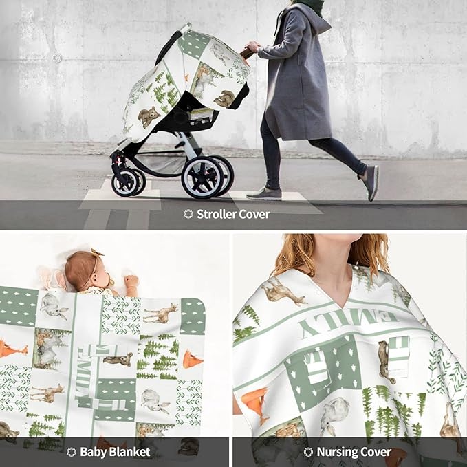 Personalized Baby Car Seat Canopy for Babies, Custom Name Car Seat Covers for Boys and Girls, Opening Minky Nursing Breastfeeding Cover for Infant, Carseat Canopies for Newborn (Wild Animals)