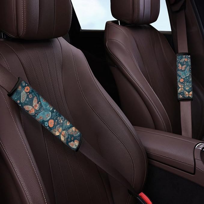 2 Piece Vintage Butterfly Print Seat Belt Covering Pad Shoulder Strap Retro Butterflies Daisy Floral Protection Car Seatbelt Covers Car, Truck, SUV Strap Shoulder Pad