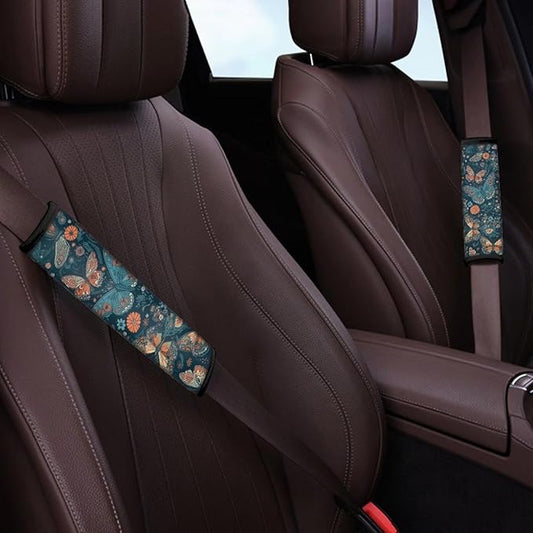 2 Piece Vintage Butterfly Print Seat Belt Covering Pad Shoulder Strap Retro Butterflies Daisy Floral Protection Car Seatbelt Covers Car, Truck, SUV Strap Shoulder Pad