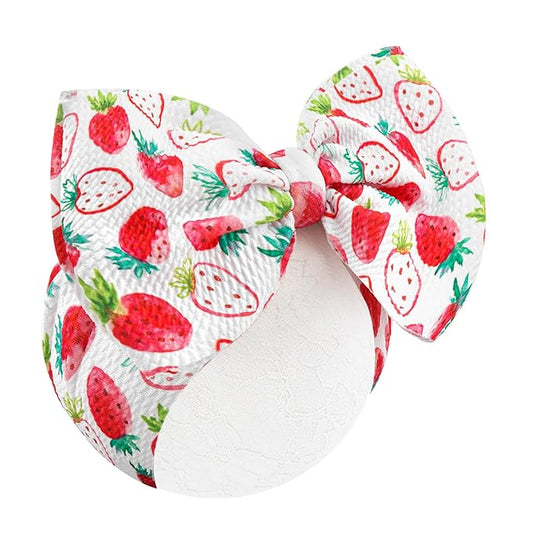 YanJie 7" Large Strawberry Tied Bow Headbands for Baby Girls Pink Bow Big Bows Infant Wide Hairbands White Fruit Hair Accessories for Girl Outfit