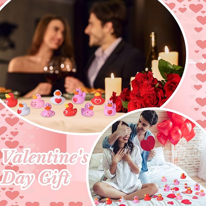 Sratte 36 Pcs Valentine Ducks Rubber Ducks in Bulk 2 Inch Mini Love Heart Assorted Pink Red White Squeaky Bath Toys for Valentines Party Favors Classroom Goodie Bag Fillers