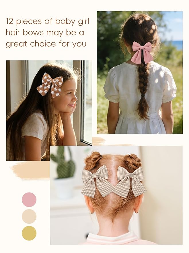 12PCS Baby Girls Hair Clips Fable Hair Bows Cotton Linen Bows for Girls Hair Accessories for Baby Toddlers Kids Neutral Color