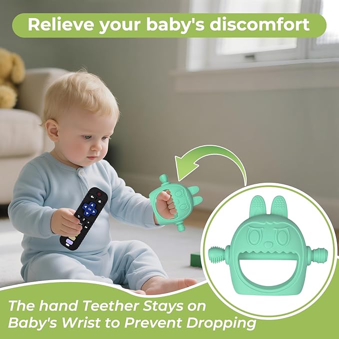 Teething Toys 3-18 Months Baby Teether Toy Toddler Remote Teether for Babies Silicone Hand Teether Mitten Control Remote Teething Glove Set, BPA Free