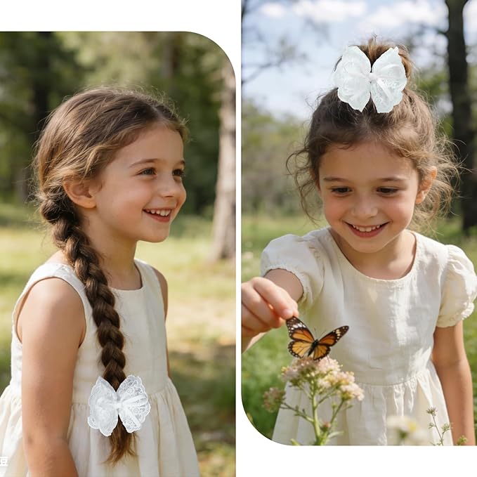 2pcs white hair bow clips for girls. White lace bow with hair ribbon, fully lined alligator clips. Handmade hair accessories for girls.
