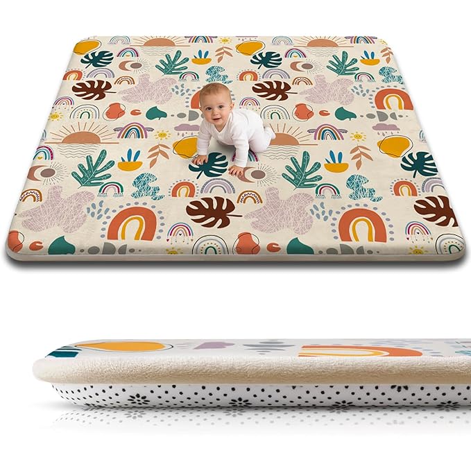 RONGFA Baby Play Mat for Floor, 71'' x 59'' Thicken Foam Padded Playmat for Tummy Time, Playpen Mat for Toddlers Infant Kids, Water-Repellent Coral Velvet, Non-Slip Bottom Safe for Crawling (Boho)