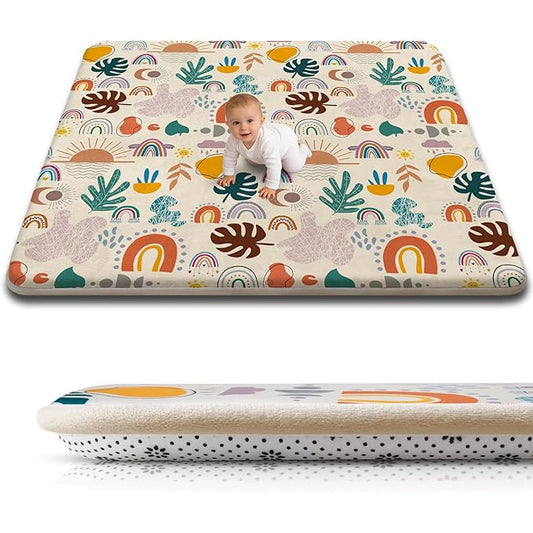 RONGFA Baby Play Mat for Floor, 71'' x 59'' Thicken Foam Padded Playmat for Tummy Time, Playpen Mat for Toddlers Infant Kids, Water-Repellent Coral Velvet, Non-Slip Bottom Safe for Crawling (Boho)