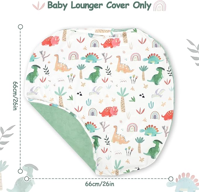 Newborn Lounger Cover, Baby Lounger Cover for Girls Boys, Soft Removable Slipcover Fits Newborn Lounger, Green Dinosaur (Cover Only)