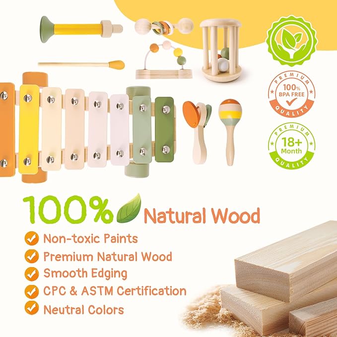 Wooden Musical Instruments Set for Toddlers 18+ Months - 7PCS Montessori Educational Learning Toys with Xylophone, Maracas, Trumpet & Storage Bag for Kids Baby