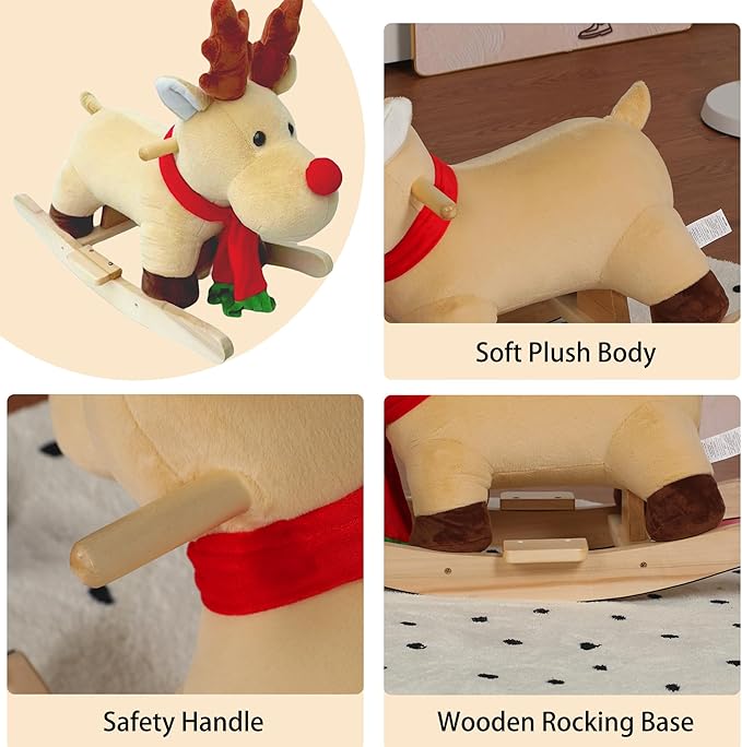 Baby Rocking Horse with Jingle Bells, Baby Rocking Chair for Toddlers 1-3 Years, Soft Plush Wooden Ride-on Toy Rocking Animal for Baby Boys and Girls Child Birthday Gift, CPC&CE Certified (Apricot-02)