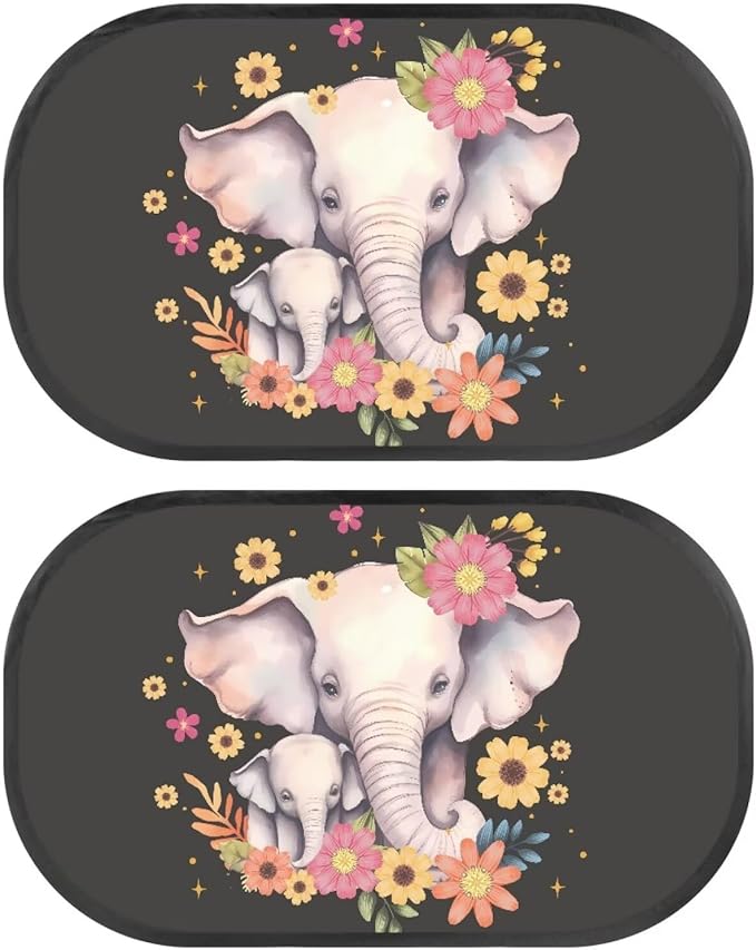 Bulopur Floral Elephant Window Shades 2 Pack Car Window Covers UV Protection Breathable Sun Shade Car Window Baby Cute Design for Most Vehicle, SUV, Truck, Cars