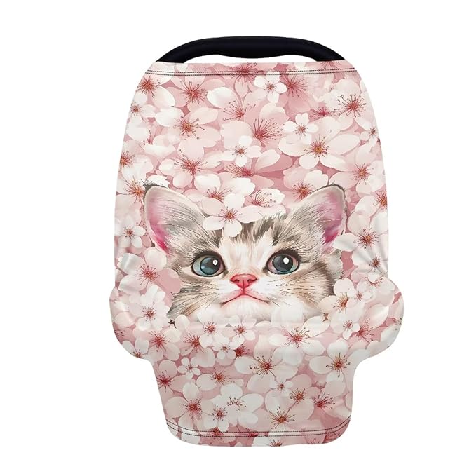 Cat Car Seat Cover for Baby Carseat - Cherry Blossom Infant Car Seat Cover for Sun - Breathable, Soft and Lightweight Car Seat Canopy