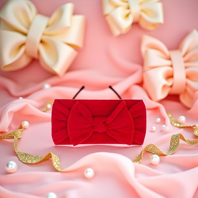 1Pc Red Velvet Elastic Stretchy Soft Bow Headbands,Classic Knot,Solid Color Wide Turban Knotted Big Bow Hairbands Headwraps Hair Accessories for Newborn Infant Toddlers Baby Girls