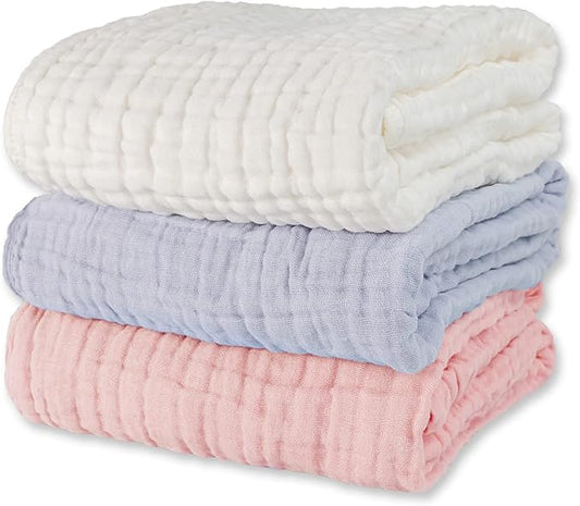 Muslin Baby Bath Towels Set 3 Pack Ultra Soft and Absorbent Baby Towels Infant Toddler Blanket Towel 6-Layer Natural Cotton Towel Suitable for Girl Boy 40x40 inches (White&Pink&Grey)