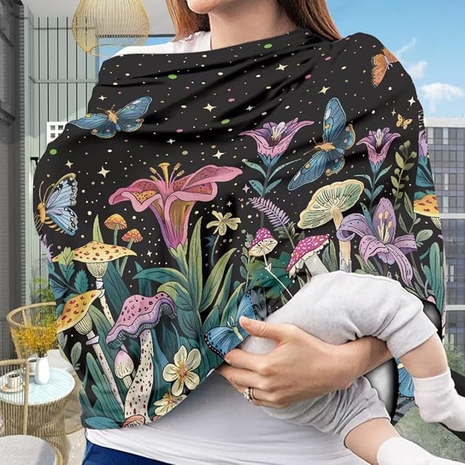 Coldinair Mushroom Car Seat Cover for Babies Boys Girls,Floral Nursing Cover,Soft Stretchy Infant Carseat Canopy,Shopping Cart/High Chair/Stroller Covers