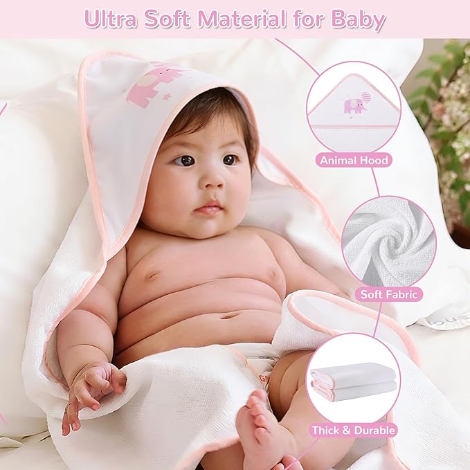 Viviland 6 Pcs Hooded Baby Towels and Washcloths Set, Super Gentle Bath Towels for Newborn Face & Body, Absorbent Wash Cloth for Infants Girls, Pink-Elephant Pattern, 28 x 28 inch