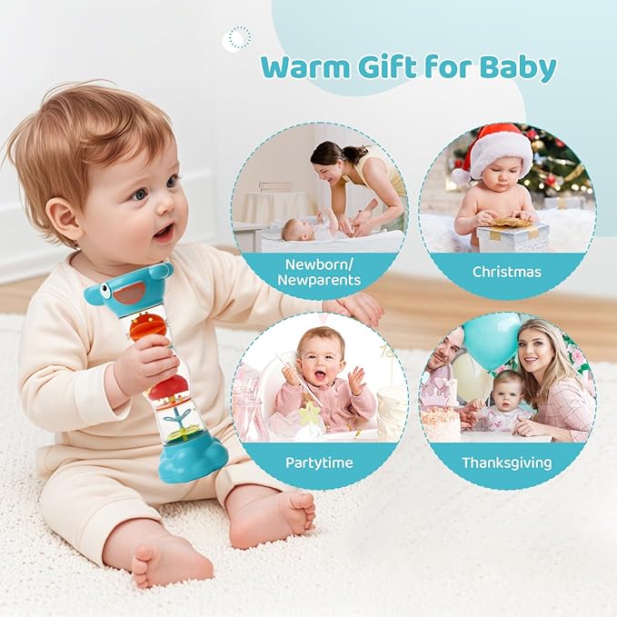 Montessori Baby Toys for 6-12 Months 1 Year Old,Rain Stick Baby Rattle Shaker Infant Sound Toy 9.8” Rainmaker Musical Sensory Toys for 6 7 8 9 10 Months Newborn Toddlers Gifts-Blue