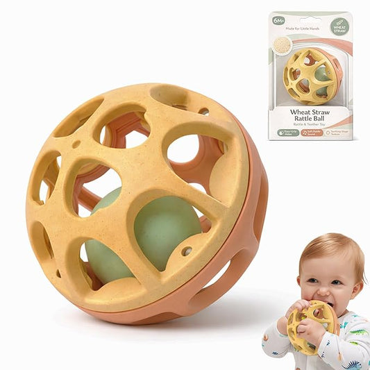 Baby Toys 6-12 Months, Wheat Straw Rattle Ball Teething Toys for Babies 0-6 Months, Christmas Gifts Stocking Stuffers for Boys & Girls 1 Year Old, Sensory Development Infant Toys