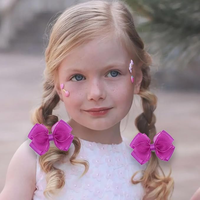 Tiny 3 Inch Organza Double Hair Bow Clips - Lined Boutique Alligator Hairpin for Baby Girls, Toddlers, and Little Teens - Kids Barrettes Set of 2 Small Stylish (Deep Purple)