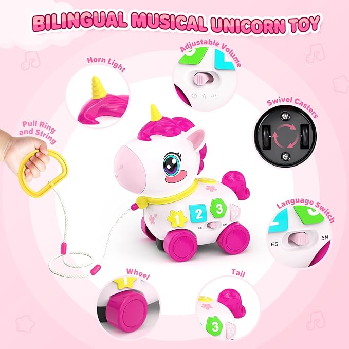 Bilingual Musical Crawling Toy for 1 Year Old Girl Gifts,Musical Unicorn Toys for Baby 6-12 Months,Baby Toys 6-12-18 Months,Toddler Educational Toy,Birthday Gifts with Music Light,Baby