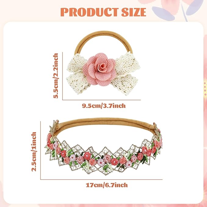 Dizila 6 Pieces Super Soft Stretchy Beige Dusty Pink White Baby Girl Flower Nylon Headbands Lace Floral Bow Headbands Hair Accessories for Newborns Infants Toddlers Girls Kids