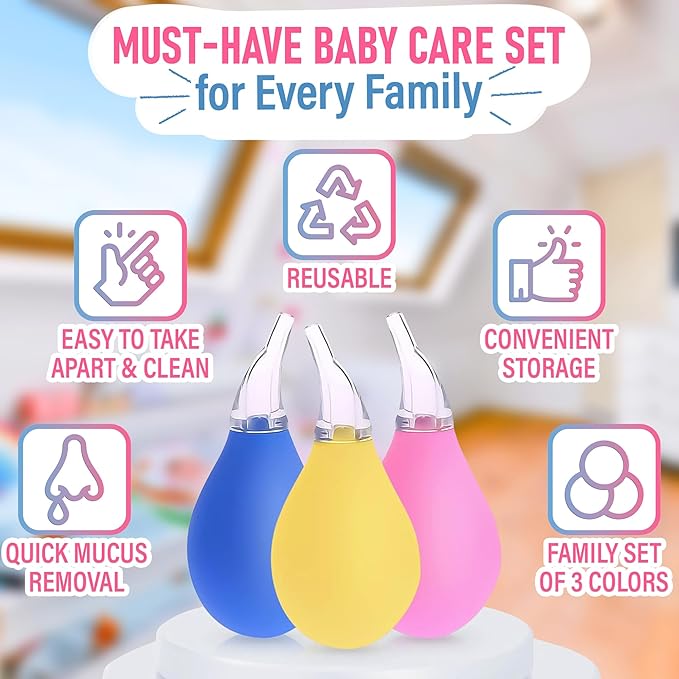 3 Pcs Nose Bulb Syringe for Baby - 3.35" Mucus Suction for Babies, Baby Bulb Syringe for Infant, Odor-Free PVC and Silicone Nasal Suction for Babies - Easy to Use Infant Nose Sucker for Toddler