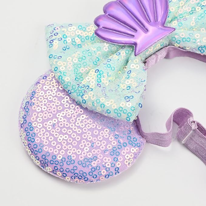 Adjustable Mermaid Mouse Ears Hair Bow Headband, Elastic Hairband Party Headwear for Baby Girls Infant Toddlers