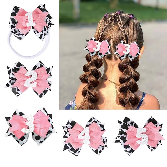 Birthday Hair Clips for Baby Girls - 2Pc Cow Print Bow with White Number Hair Clips for 3rd Birthday Baby Bow Party Decorations for Girls Toddlers Hair Accessories (Cow Print -3 Years)