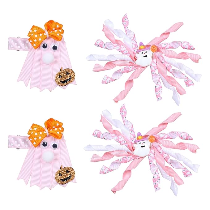 Halloween Ghost Korker Curly Ribbon Hair Bows for Girls, 4 Pcs Cute Pink Ghost Pigtails Hair Clip Barrettes for Baby Toddler Teen Women Trick or Treat Gift Costume Party Decor Accessory