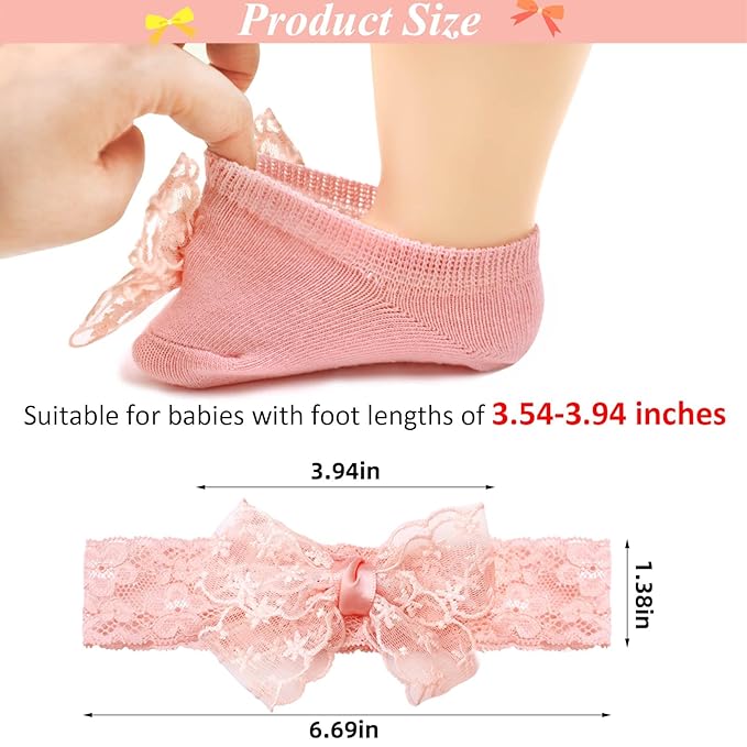 3 Pack Baby Girls Headbands and Socks Set Newborn Lace Bow Hairbands Non-Slip Grips Socks for Babies Infants and Toddlers (Beige, Pink, White)