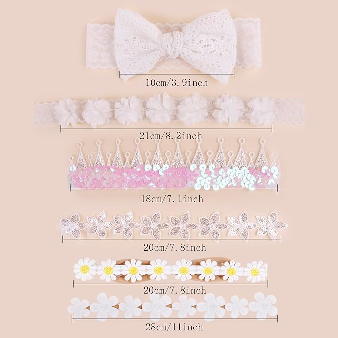 Baby Girl Flower Hair Bows Nylon Headbands, 6PCS Stretchy Soft Floral Hairbands Crown, Handmade Hair Accessories for Newborn Infant Toddler