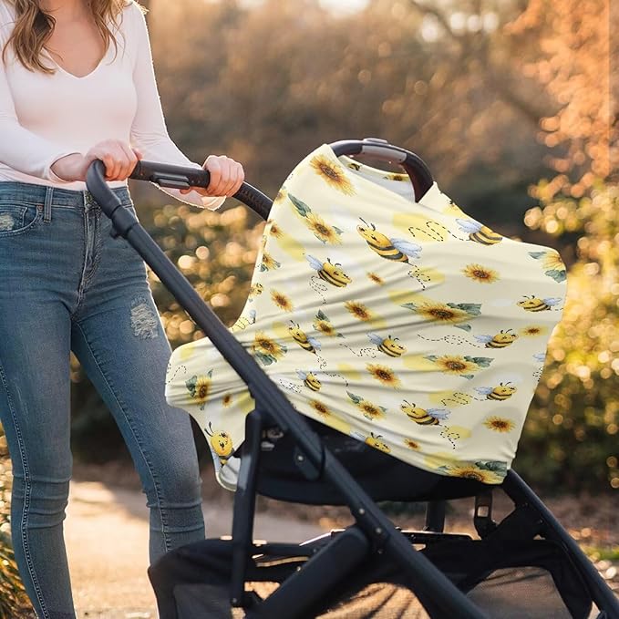 Wanyint Baby Car Seat Cover Cute Carseat Canopy for Babies Boys Girls Multi-Use Nursing Breastfeeding Covers Nursing Scarf Halloween Decoration, Bee Print Sunflower Yellow