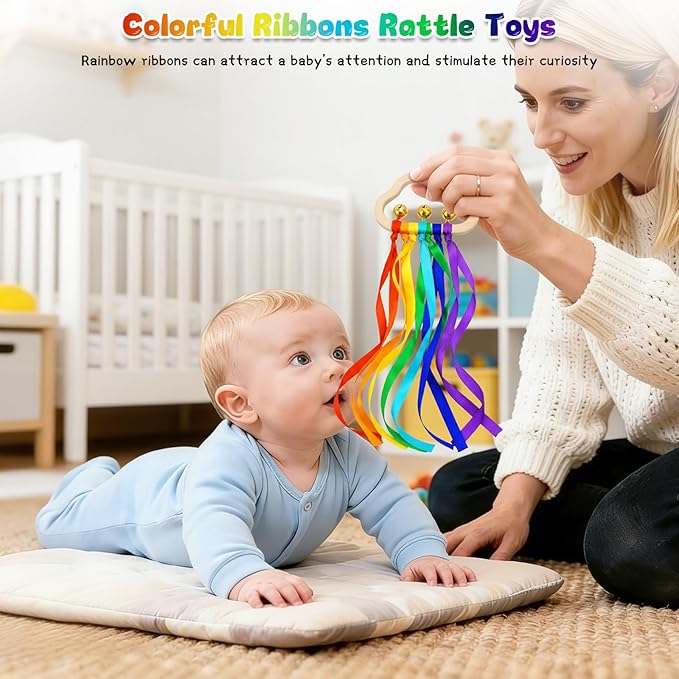 Baby Sensory Wooden Rattle Toys - 2PCS Rainbow Ribbon Ring Toys Wood Rattle Molar Circle Newborn Sensory Montessori Toy for Infant Babies Toddler
