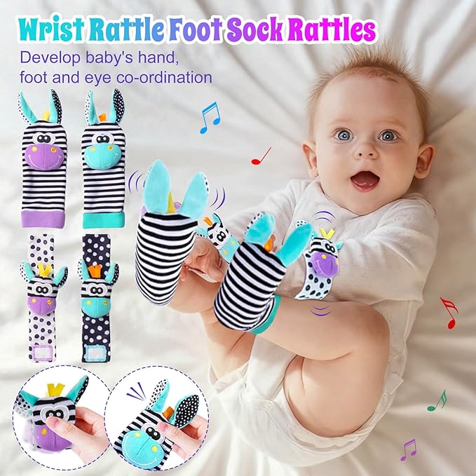 Baby Toys 0-6 Months - Baby Rattles Teething Toys 3-6 Month Infant Toys 6-12 Months Teether Toy 3 4 5 6 Month Old Newborn Essentials Must Haves Wrist Socks Toddler Stocking Stuffers Christmas Gifts