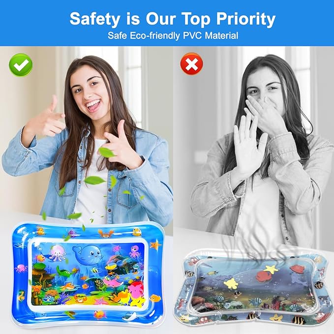 Baby Water Mat, 27x20in Inflatable Tummy Time Watermat with Climate Pledge Friendly, Safe Water Play Mat Sensory Toy for Infants 3-36 Months, Portable Travel Water Pad for Baby Gift (Blue)