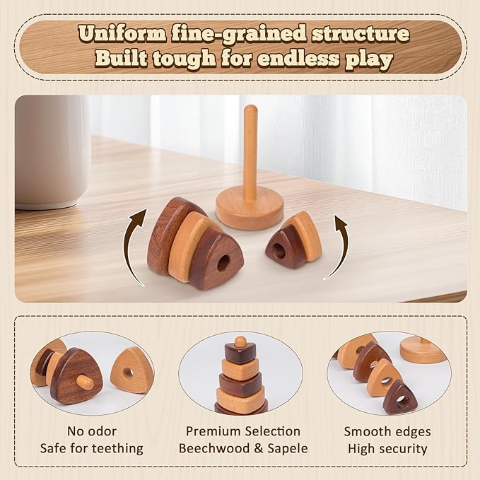 Adena Montessori Ring Natural Wood-Colored Wooden Stacking Toy,Montessori Geometric Stacker Wooden Educational Toy,Baby and Toddler Ages 12+ Months Shape Sorter and Stacking Tower for Babies(Triangle)