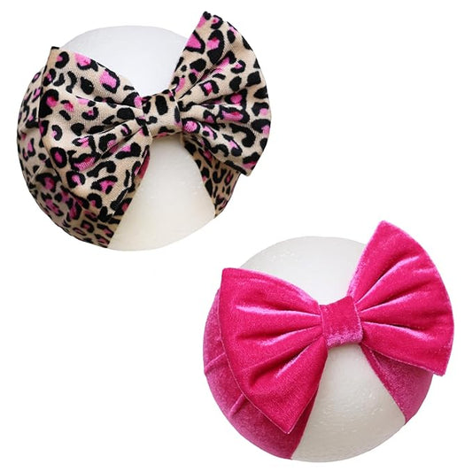Velvet Pink Leopard Baby Headbands Big Bows for Baby Girls Velvet Soft Hairbands Bows Wide Head Wrap Rose Hair Accessories for Newborn, Infant Toddlers 0-6Months