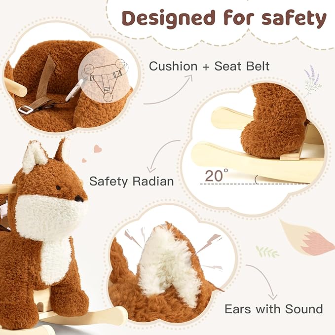 labebe - Baby Rocking Horse, Brownish Red Fox Rocking Horse with Seat Belt, Plush Animal Rocker for Kids, Stuffed Rocker Toy for Children 6M-3 Years Old Girl&Boy