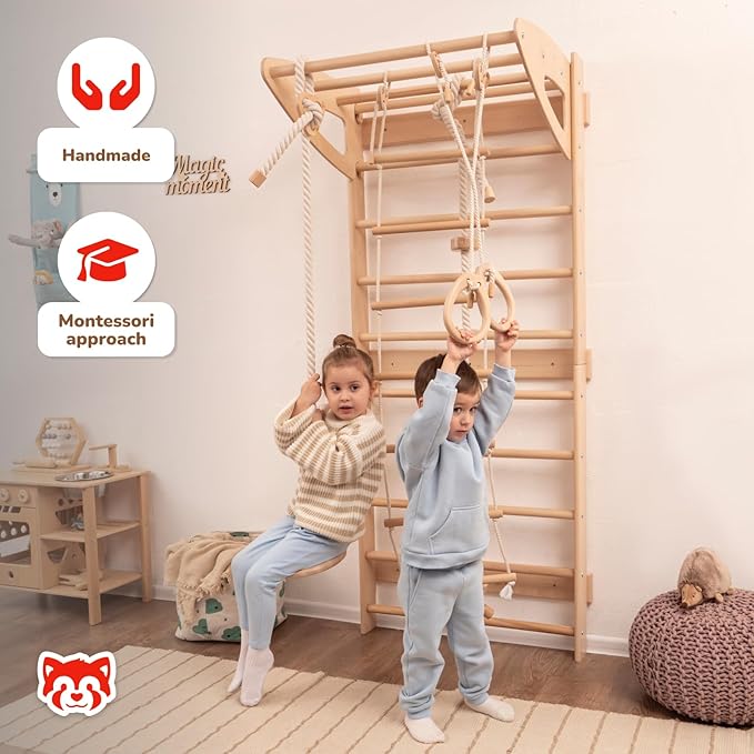 Woodandhearts Swedish Ladder for Kids with Rope Accessories - Indoor Jungle Gym, Indoor Jungle Gym for Kids Ages 3-16, Indoor Climbing Gym (Swedish Ladder of 2 Parts(Natural Wood Color))